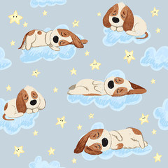 Handdoek met foto Slapende dieren patronen Welterusten puppy's onder dromerige maan  © kokoshka