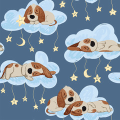 Handdoek met foto Slapende dieren patronen Welterusten puppy's met wolken en sterren  © kokoshka