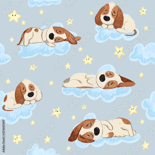 Good night seamless pattern with cute sleeping puppies, moon, stars and clouds. Sweet dreams background. Childish lovely doodle hand drawn vector illustration.
