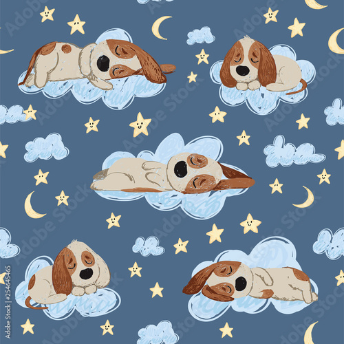 Good night seamless pattern with cute sleeping puppies, moon, stars and clouds. Sweet dreams background. Childish lovely doodle hand drawn vector illustration.