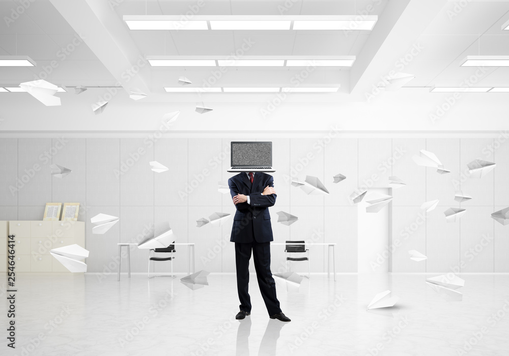 Fototapeta premium Businessman with laptop instead of head.