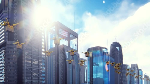 Autonomous delivery of parcels by a fleet of unmanned drones flying in a modern metropolis on a Sunny day.