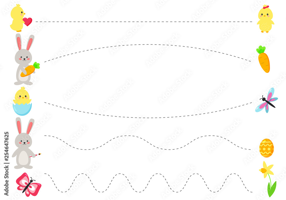 Trace line worksheet for kids, practicing fine motor skills. Cartoon