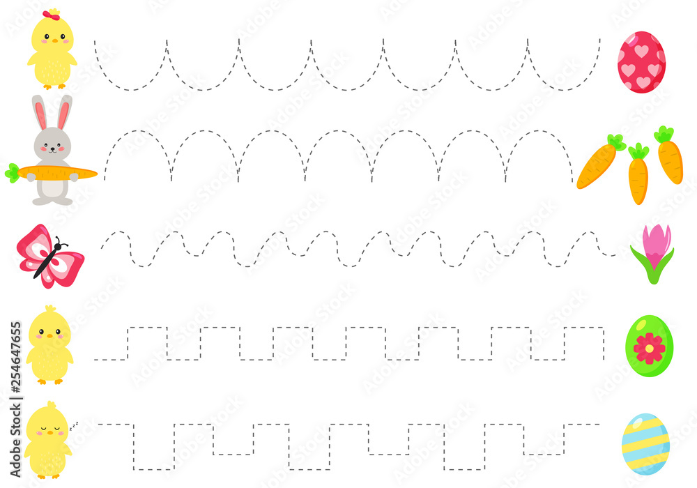 Trace line worksheet for kids, practicing fine motor skills. Cartoon kawaii eggs and bunny, spring flowers, chicks and butterfly. Educational game for preschool kids. Stock Vector | Adobe Stock trace-line-worksheet-for-kids-practicing-fine-motor-skills-cartoon-kawaii-eggs-and-bunny-spring-flowers-chicks-and-butterfly-educational-game-for-preschool-kids-stock-vector-adobe-stock