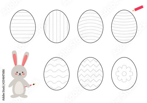 Trace line worksheet for kids, practicing fine motor skills. Help the rabbit draws and paints Easter eggs. Educational game for preschool kids.