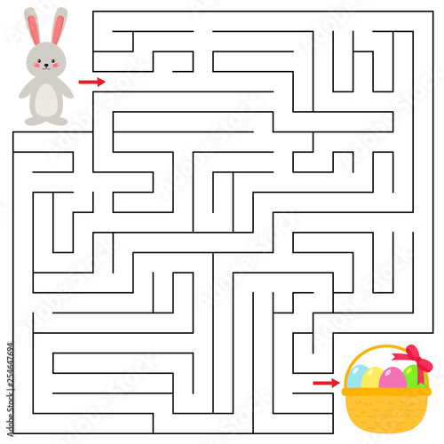 Maze game for preschool kids. Help the cartoon rabbit find right way to the basket of Easter eggs. Vector illustration.