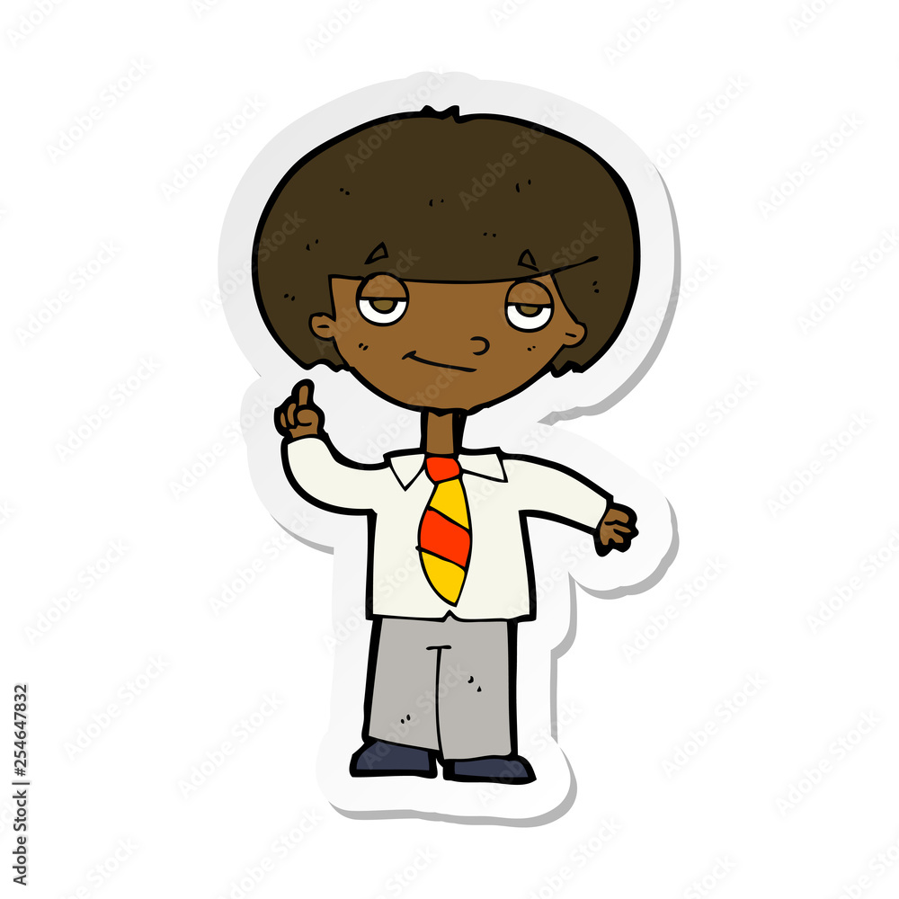 sticker of a cartoon school boy answering question