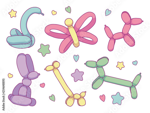 Vector collection set with different cute cartoon balloon animals including dogs, butterfly, swan, giraffe and bunny in soft pastel colors
