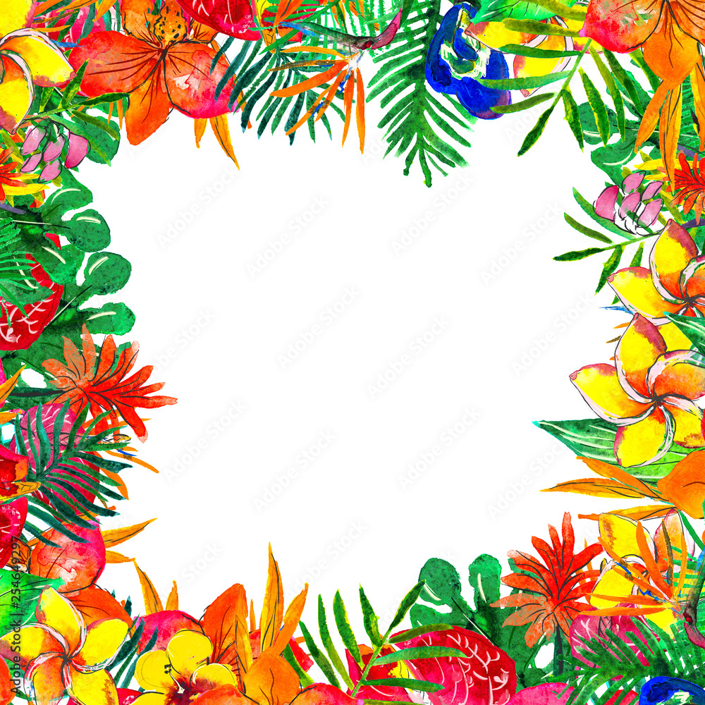 Obraz premium Watercolor Background with tropical plants and flowers