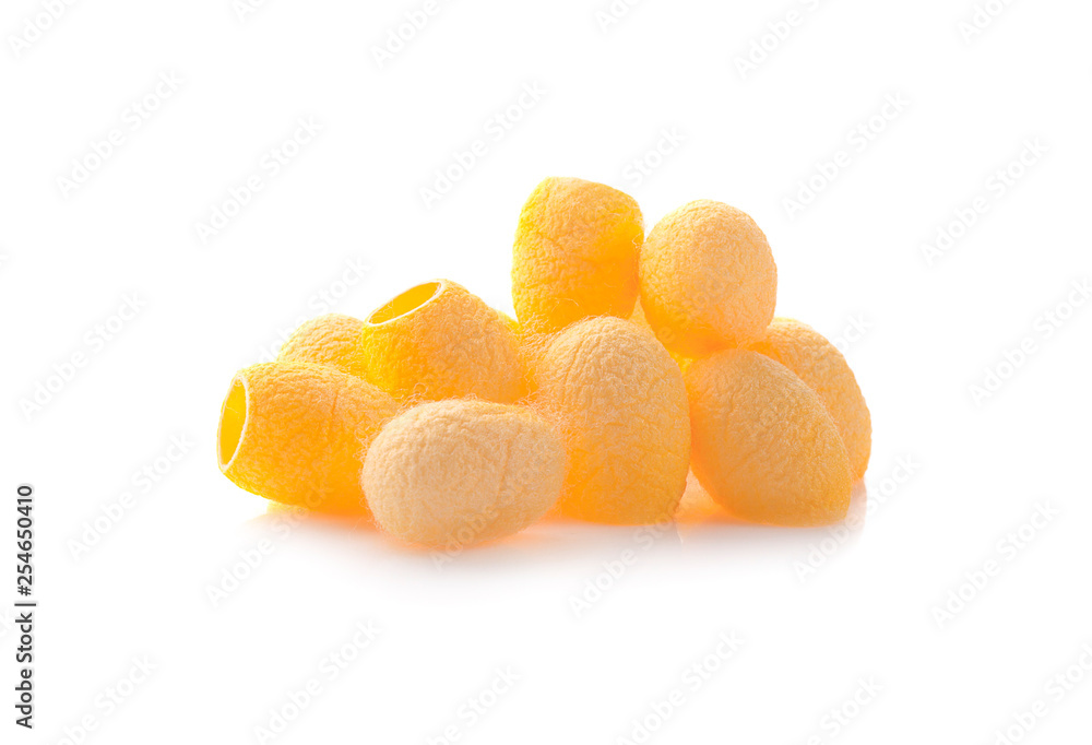 yellow thai silkworm cocoons pile isolated on white background. yellow thai silkworm cocoons pile isolated on white background.