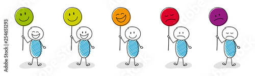 Hand drawn stickman holding funny balloons with emoticons - collection. Vector