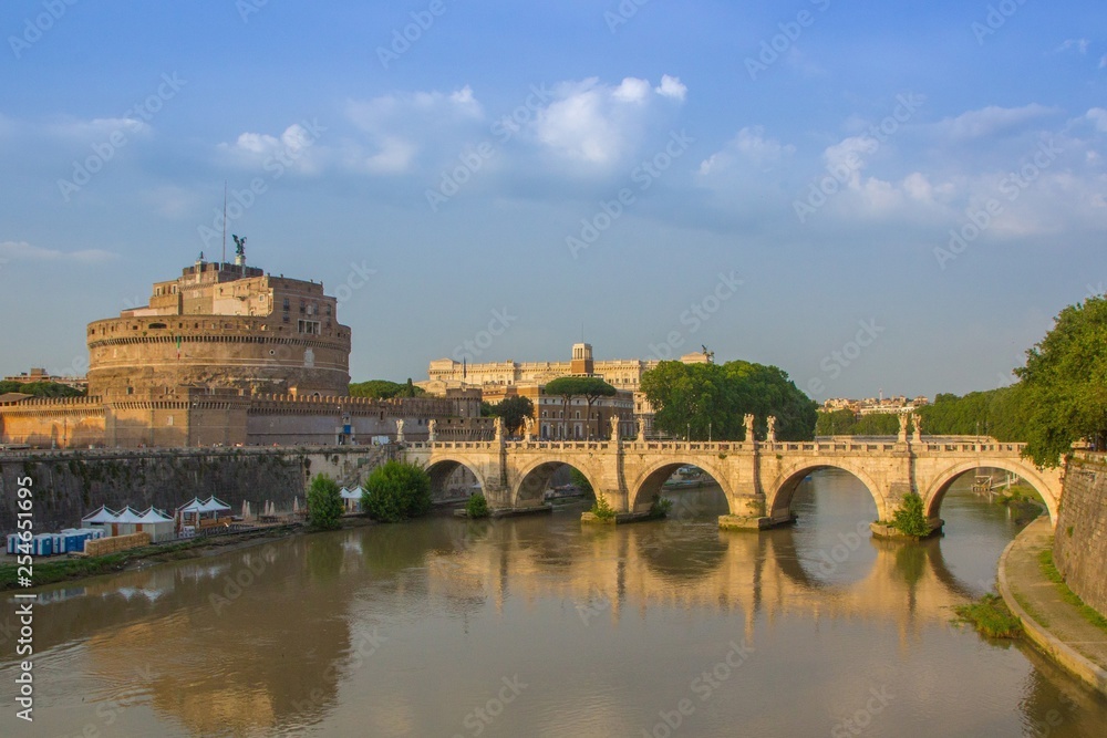 Castel Sant Angelo or Mausoleum of Hadrian in Rome Italy. Saint Angel Castle and bridge over the Tiber.