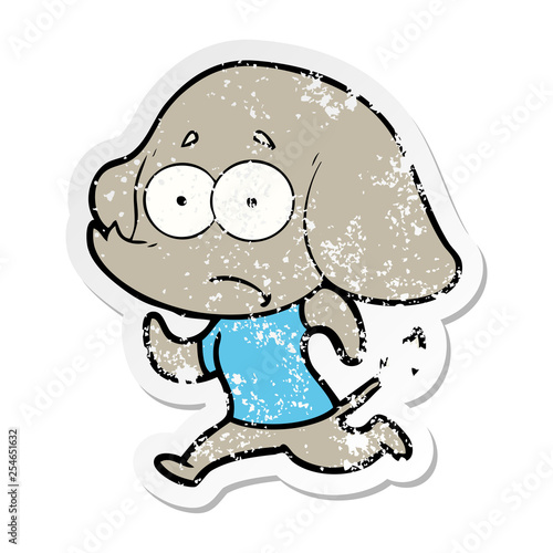 distressed sticker of a cartoon unsure elephant running away