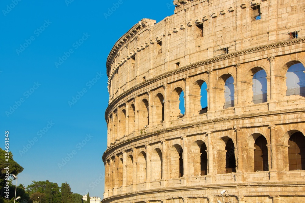 Roman Coliseum, summer view without people. Colosseum or Coliseum near the Forum Romanum in Rome. Italy