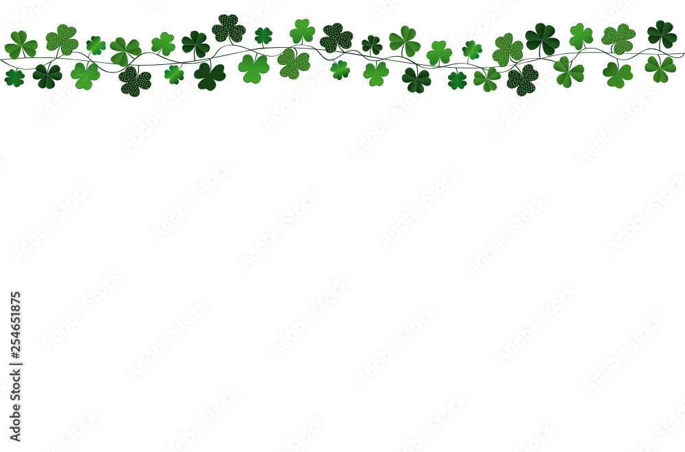 Green festive bunting with clover. Irish holiday - Happy St. Patrick's Day with a garland of three-leaf. Greeting card, poster, banner. Vector Green festive bunting with clover. Irish holiday - Happy St. Patrick's Day with a garland of three-leaf. Greeting card, poster, banner. Vector