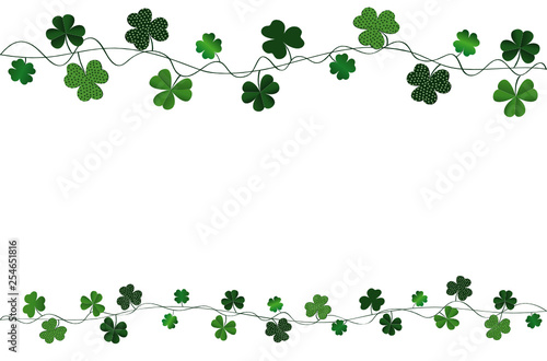 Green festive bunting with clover. Irish holiday - Happy St. Patrick's Day with a garland of three-leaf. Greeting card, poster, banner. Vector
