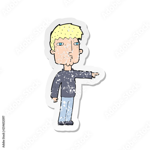 retro distressed sticker of a cartoon pointing man