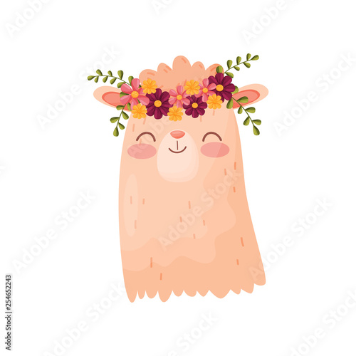 Lama head with flower wreath. Flora and fauna concept.