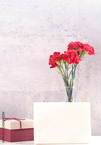 Fototapeta Naklejka Na Ścianę i Meble -  May mothers day handmade giftbox wishes photography - Beautiful blooming carnations with red ribbon box isolated on fair-faced gray background desk, close up, copy space, mock up