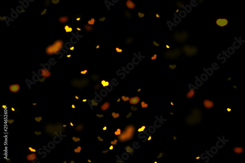 Gold and yellow hearts bokeh overlay, hearts photo overlay, abstract background, shiny gold and yellow hearts flowing around. Photo overlay effect, hearts bokeh on black background, JPG file.