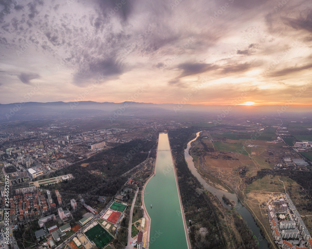 Aerial view with sunset over rowing channel in Plovdiv city - european capital of culture 2019, Bulgaria, Europe. 