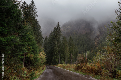 View of the winding mountain road through the pass, part of the mountain serpentine, in autumn cloudy weather with fog and rain