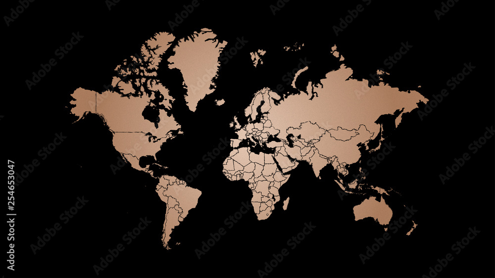 Copper world map illustration, copper foil texture and hand drawn national borders on black background.