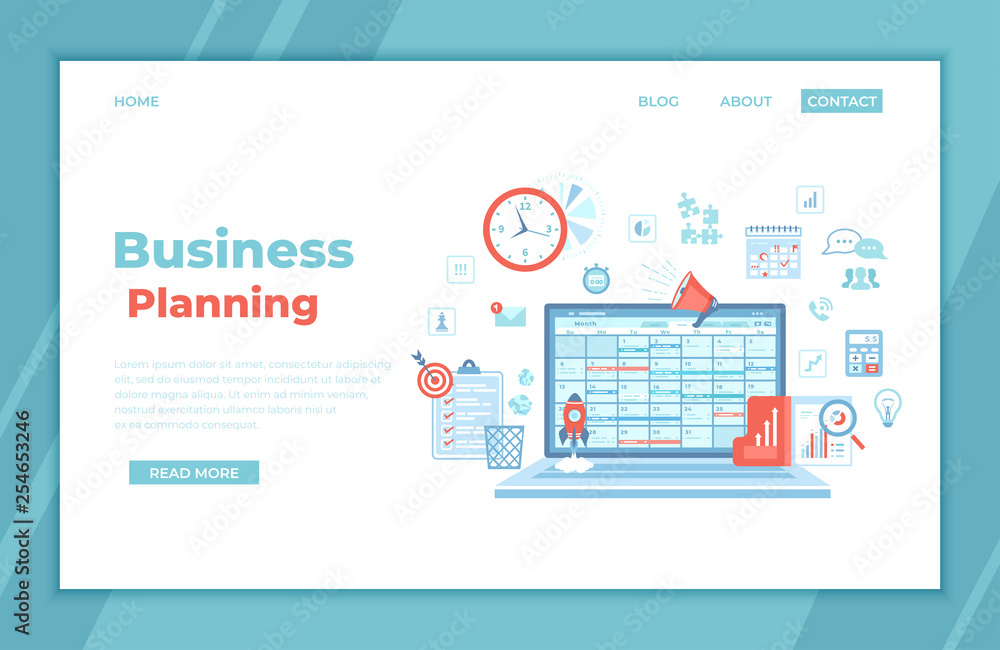 Business planning, management, organization, success strategy. Laptop with schedule on the screen, checklist, infographic elements. landing page template or web banner, infographics. Vector