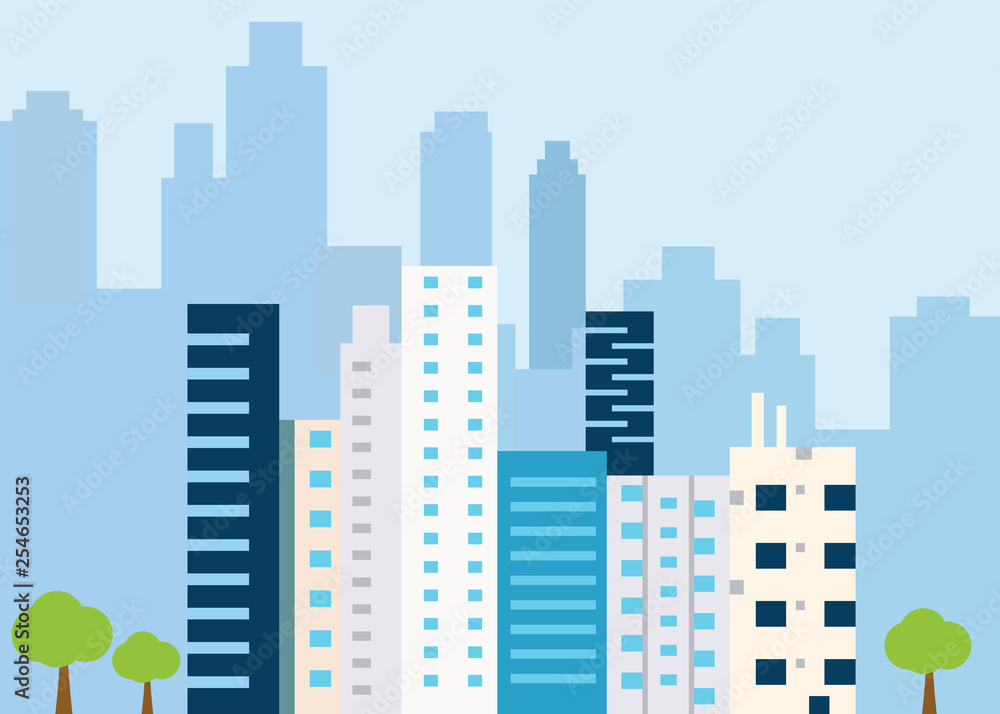 Urban landscape with large modern buildings. Concept city and suburban life - vector illustration