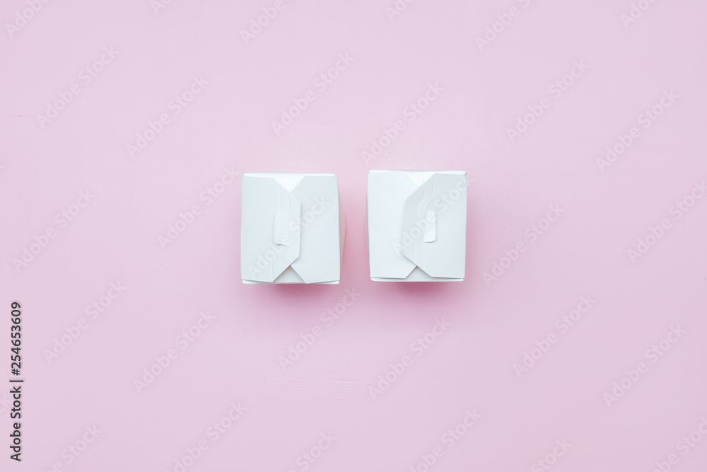 two paper boxes white take-away food on pink background white paper box with clipping path two paper boxes white take-away food on pink background white paper box with clipping path