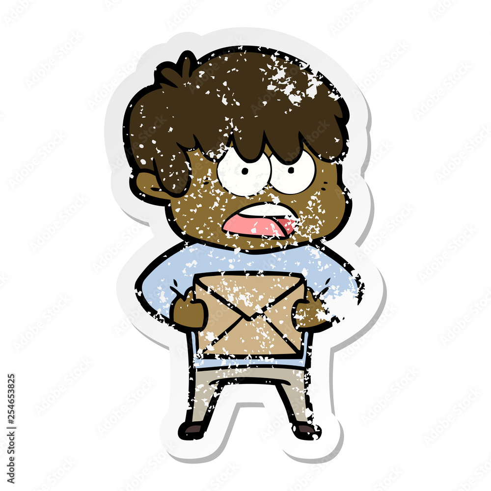 distressed sticker of a worried cartoon boy distressed sticker of a worried cartoon boy