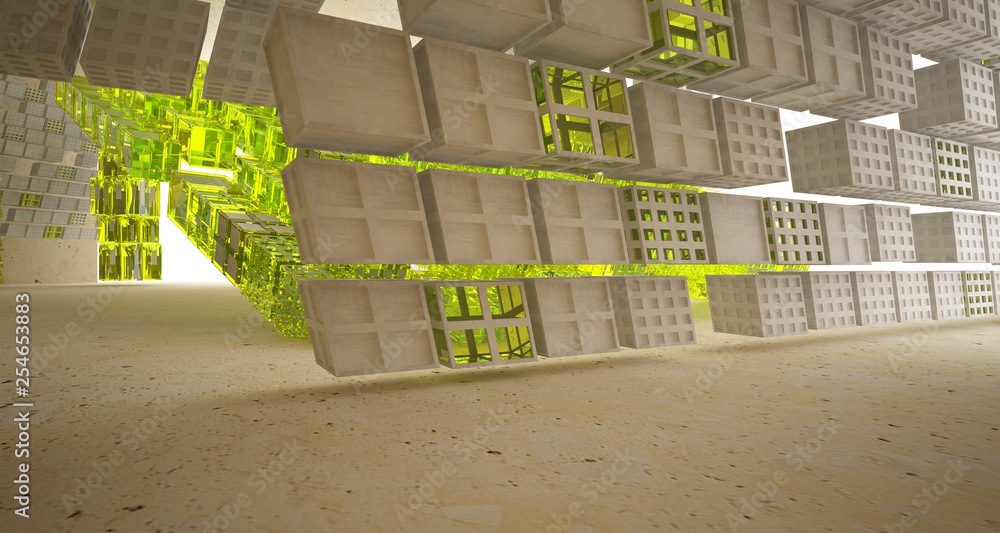Obraz premium Abstract concrete and coquina parametric interior with window. 3D illustration and rendering.