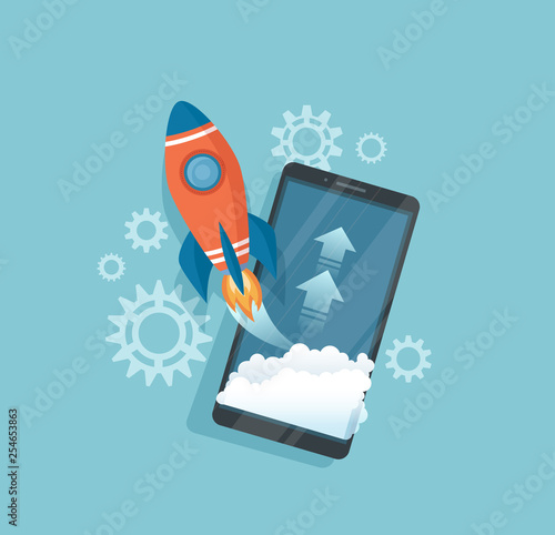 Startup concept. Business planning idea of successful project start up, management, innovation strategy. Smartphone with launch rocket startup from the screen. Vector