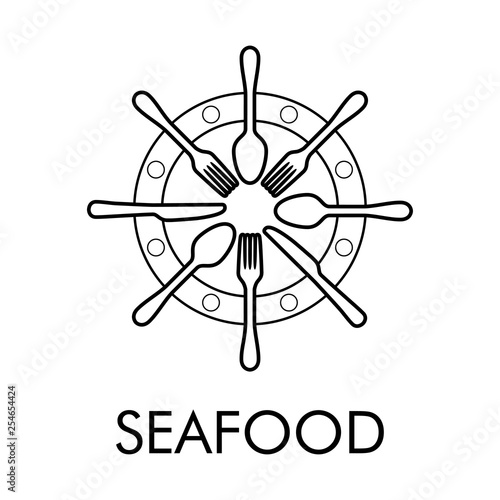 Logotipo abstracto con texto SEAFOOD con timón lineal con cubiertos en color negro