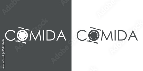 Logotipo abstracto con texto COMIDA con icono de plato y cubiertos en gris y blanco