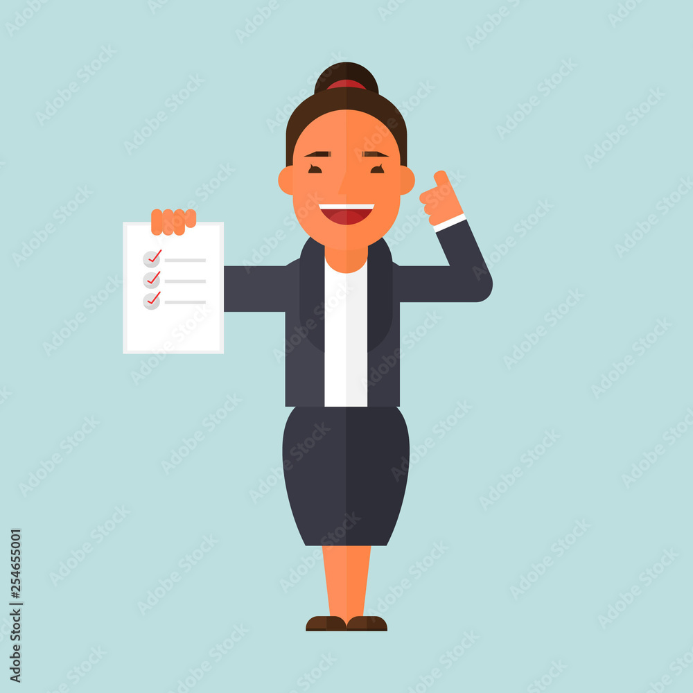 Business woman in a suit shows a business plan