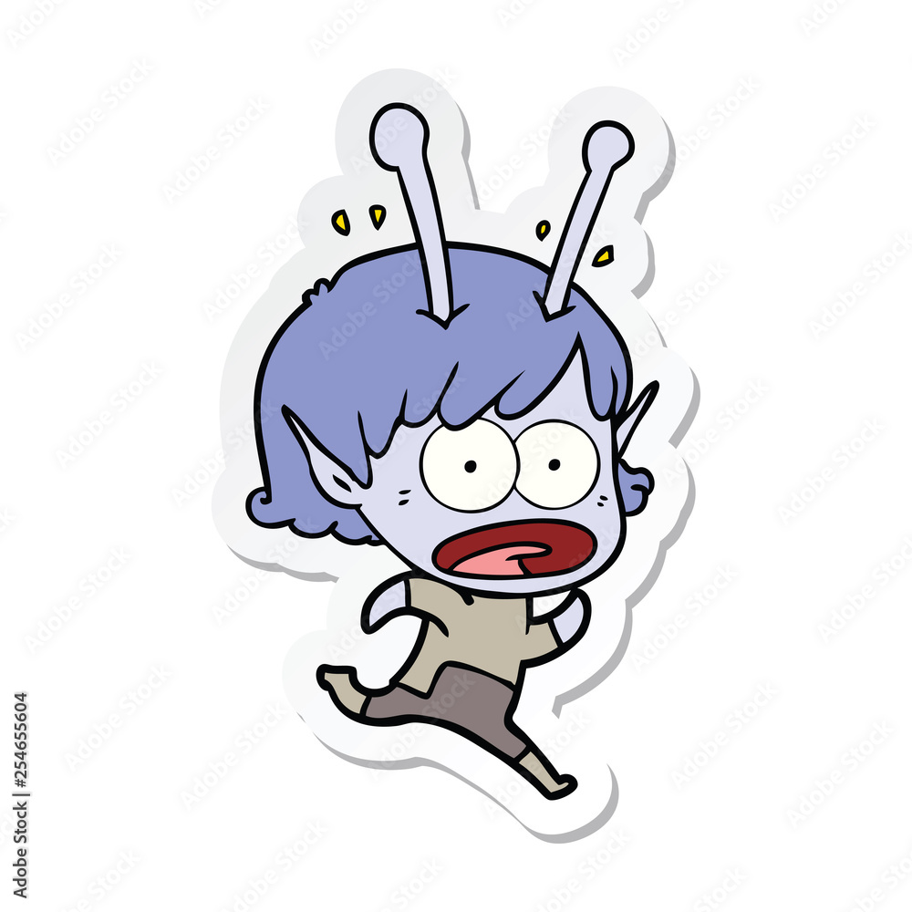 sticker of a cartoon shocked alien girl sticker of a cartoon shocked alien girl