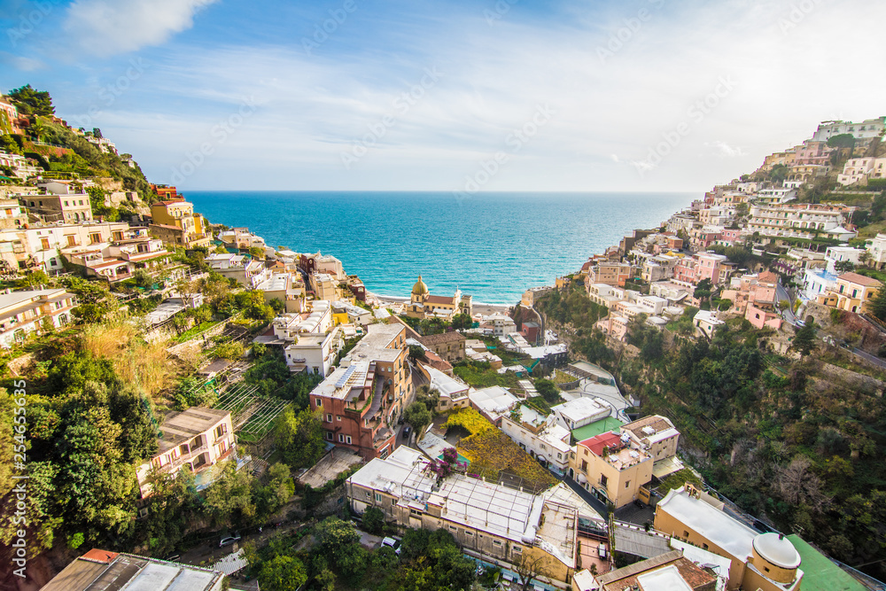 Positano, Italy - November, 2018 : View of the main street on a sunny day along Amalfi Coast in Positano, Italy