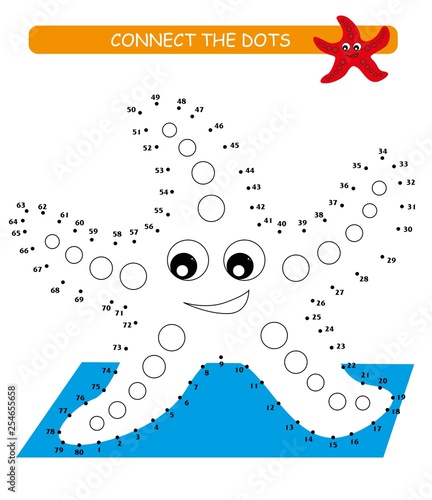 Connect the dots and color. Cute starfish. Cartoon vector Illustration of educational game. 