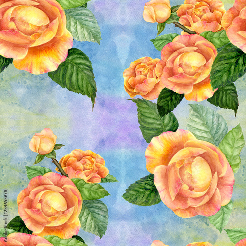 Flowers A branch of roses with leaves  flowers and buds. Watercolor. Seamless background. Collage of flowers and leaves on a watercolor background. Use printed materials  signs  items  websites  maps.