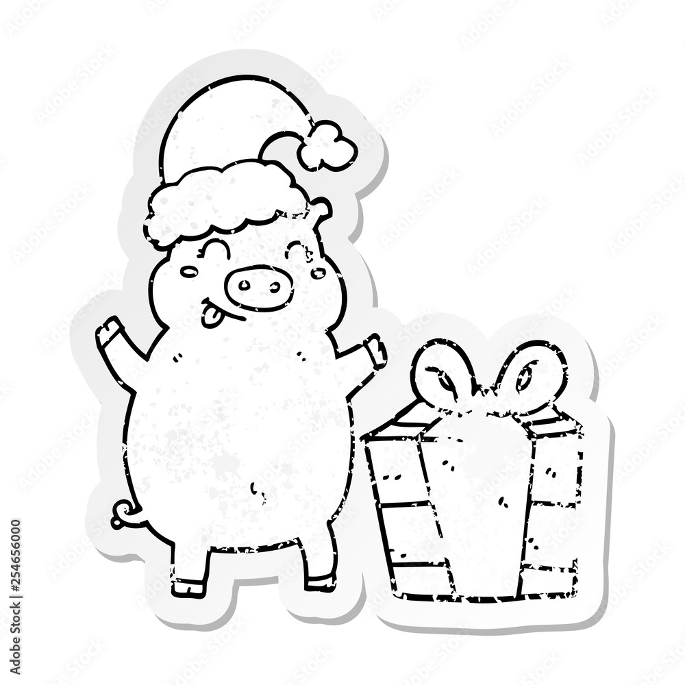 distressed sticker of a cartoon happy christmas pig distressed sticker of a cartoon happy christmas pig