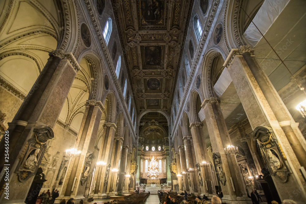 NAPLES, ITALY - November, 2018: Interiors and details of barroco church of the Gesu Nuovo in Naples, Italy.