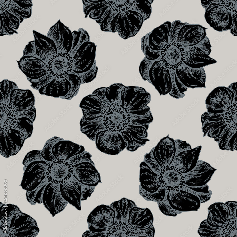 Seamless pattern with hand drawn stylized anemone