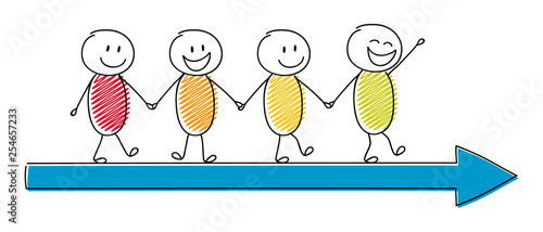 Group of hand drawn cartoon stickman with arrow. Vector