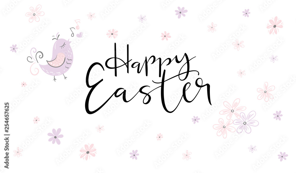 vector hand lettering happy easter phrase with doodle flowers