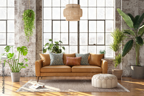3d rendering of a bohemian style living room photo