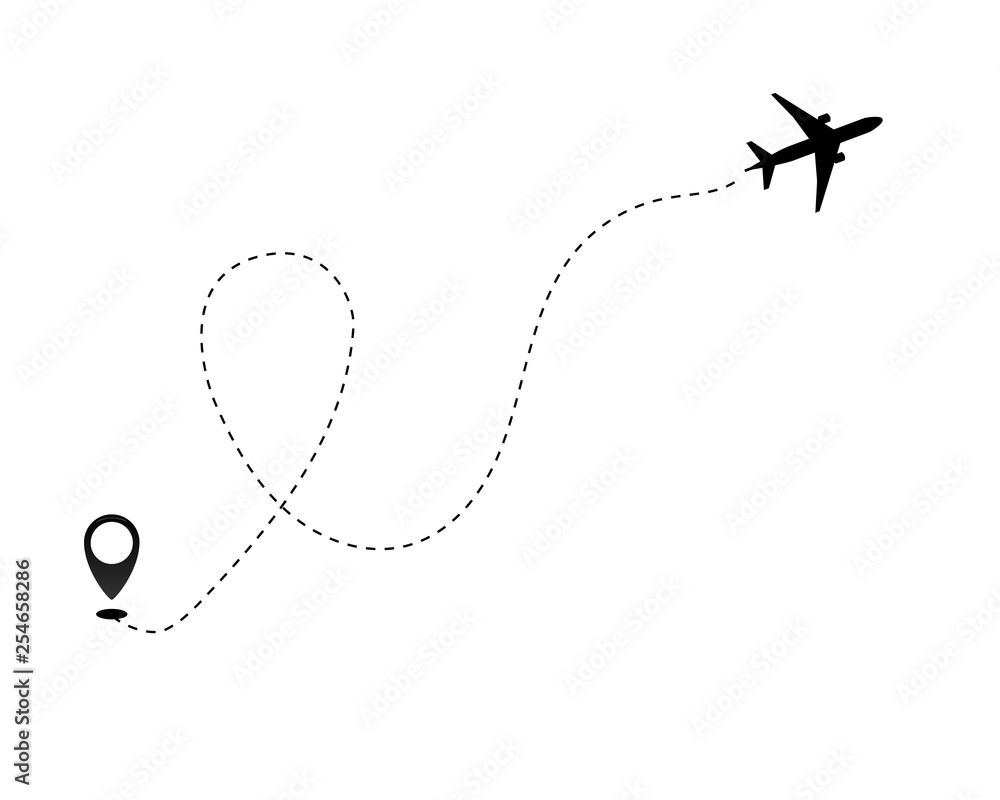 Airplane line path vector icon of air plane flight route dash line trace with start point . Airplane line path vector icon of air plane flight route dash line trace with start point .