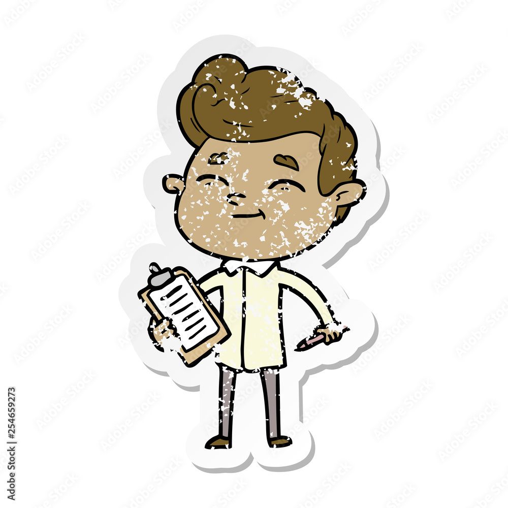 distressed sticker of a happy cartoon man distressed sticker of a happy cartoon man