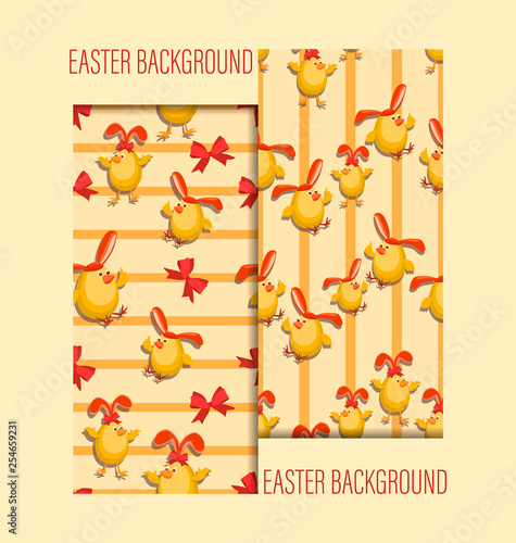 Easter chick-hare. Easter seamless patterns. Set. Design with a funny character, ribbons, bows and  for festive textiles, packaging materials.