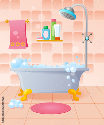 Cartoon bathroom interior in pink color